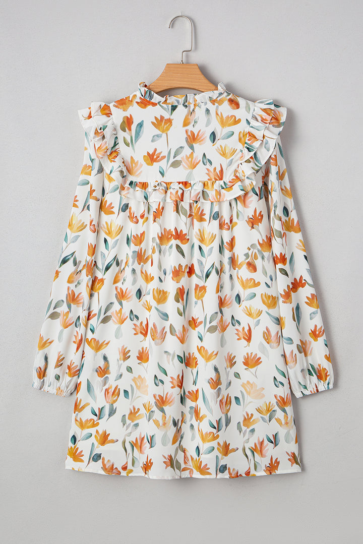 Floral Print Tie Neck Frilled Detail Long Sleeve Mini Dress