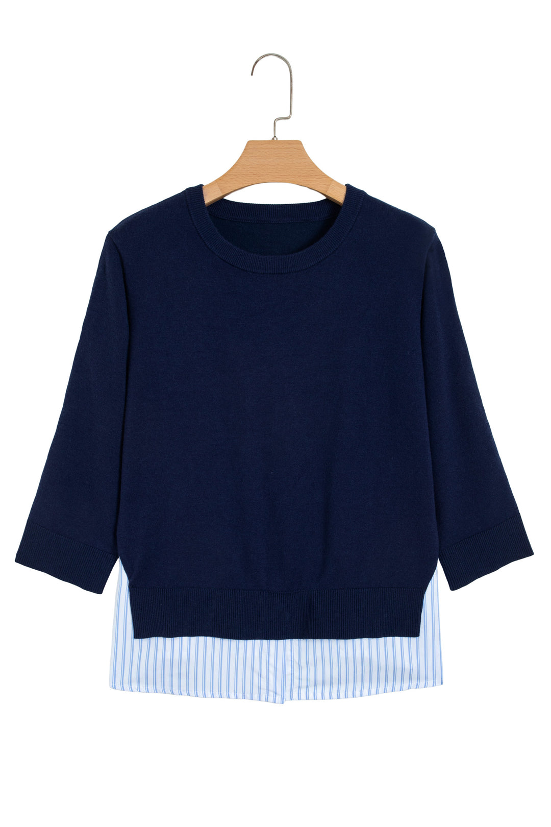 Navy Blue Drop Shoulder Long Sleeve Striped Pullover Sweater