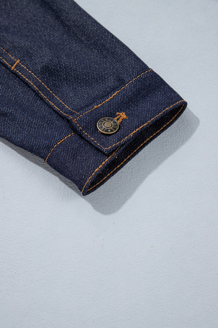 Navy Blue Contrast Collar Stitched Detail Button Denim Jacket