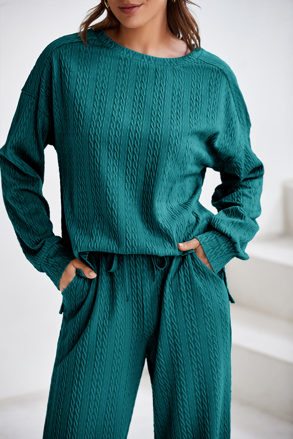 Sea Green Textured Round Neck Sweatshirt &amp; Loose Drawstring High Waist Pant Set