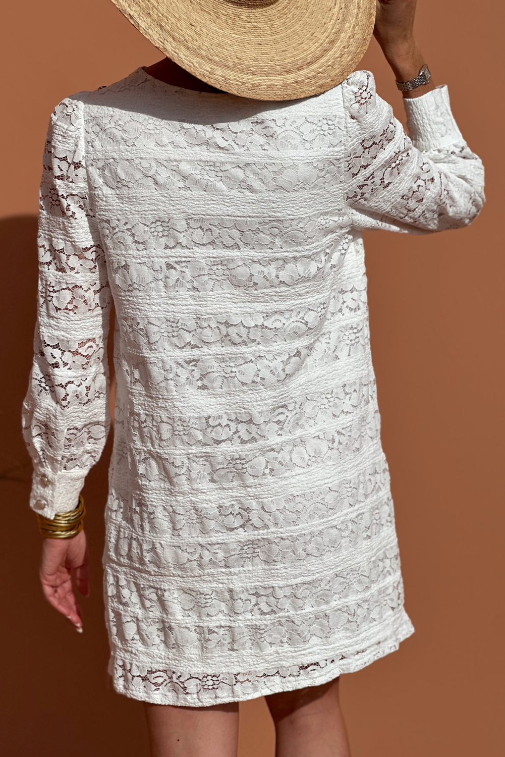 Chic White Lace Crochet Round Neck Puff Sleeve Shift Mini Dress