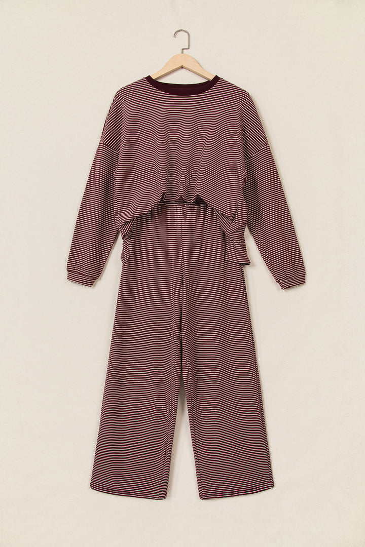 Brown Stripe Contrast Trim Round Neck Oversize Long Sleeve Top 2pcs Pant Set