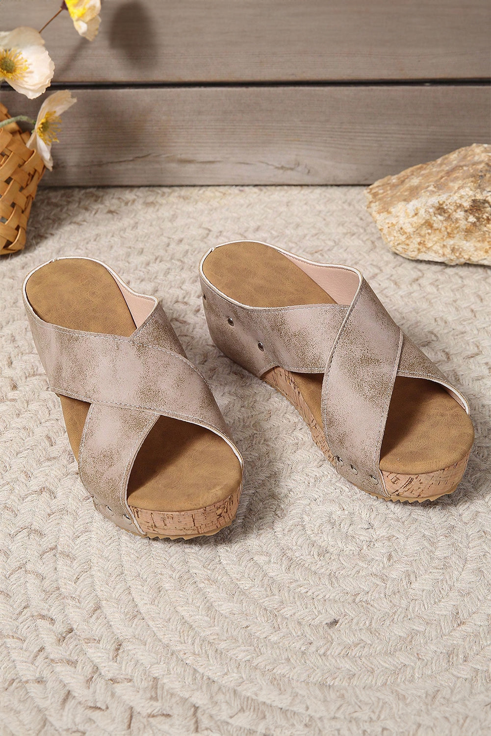 Criss Cross Cut Out PU Leather Wedge Slippers