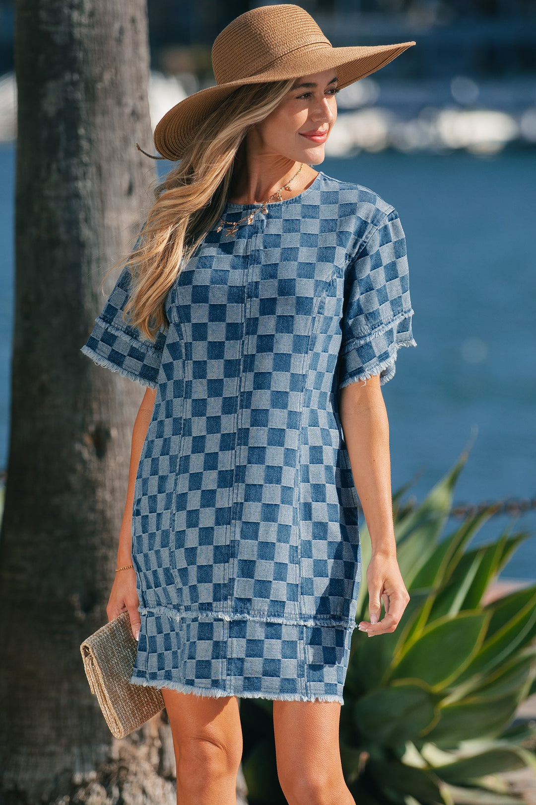 Sky Blue Frayed Hem Checkered Denim Mini Dress