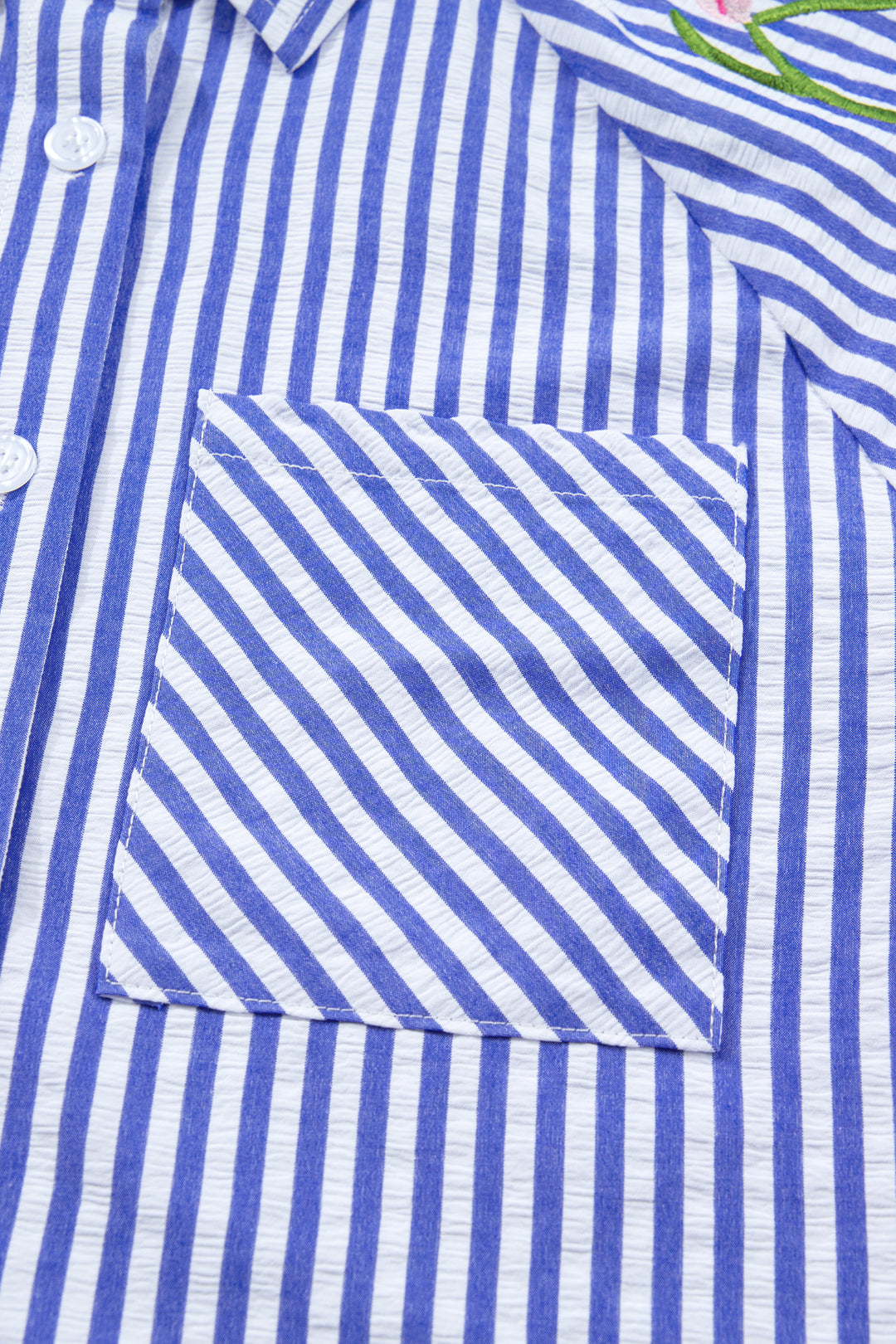 Sky Blue Stripe Lily Floral Embroidered Puff Sleeve Button Down Shirt