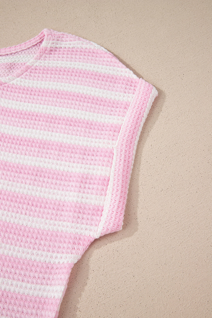 Summer Pink Striped Print Waffle Knit T Shirt