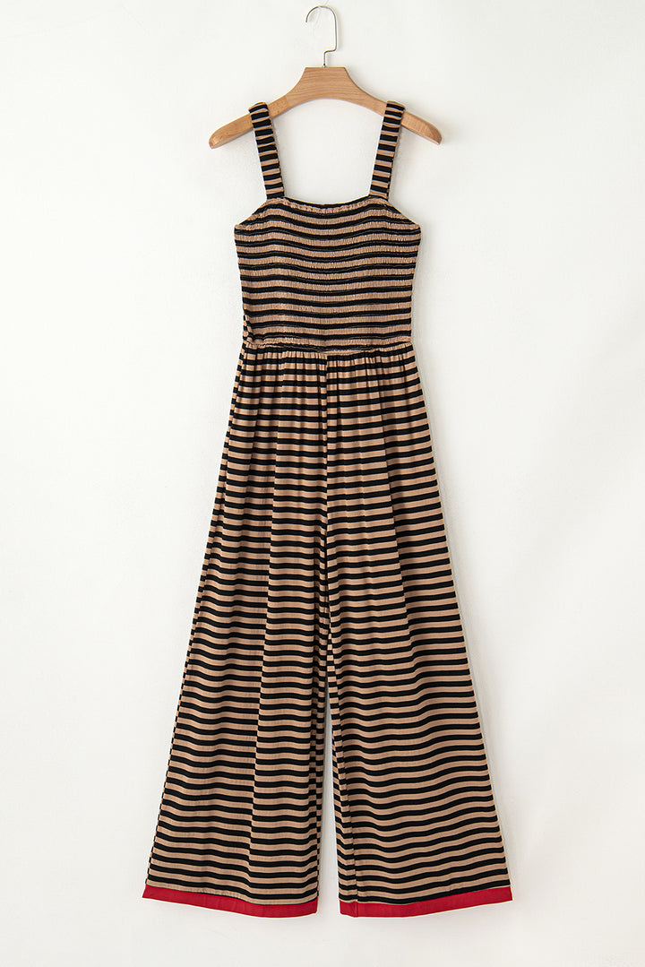 Brown Stripe Square Neck Shirred Wide Leg Jumpsuit