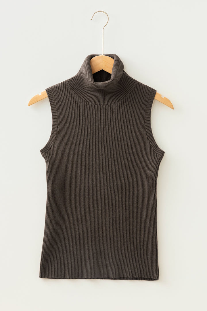 Chicory Coffee Western Ribbed Knit High Neck Waist Slim Fit Sweater Vest