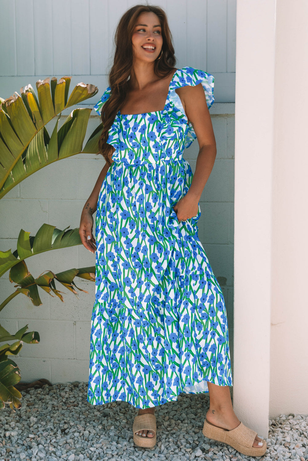 Floral Print Square Neck Ruffled Strap Maxi Dress