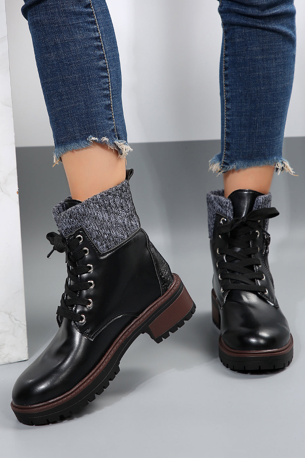 Knitted Patched Lace-up Heeled Ankle Boots
