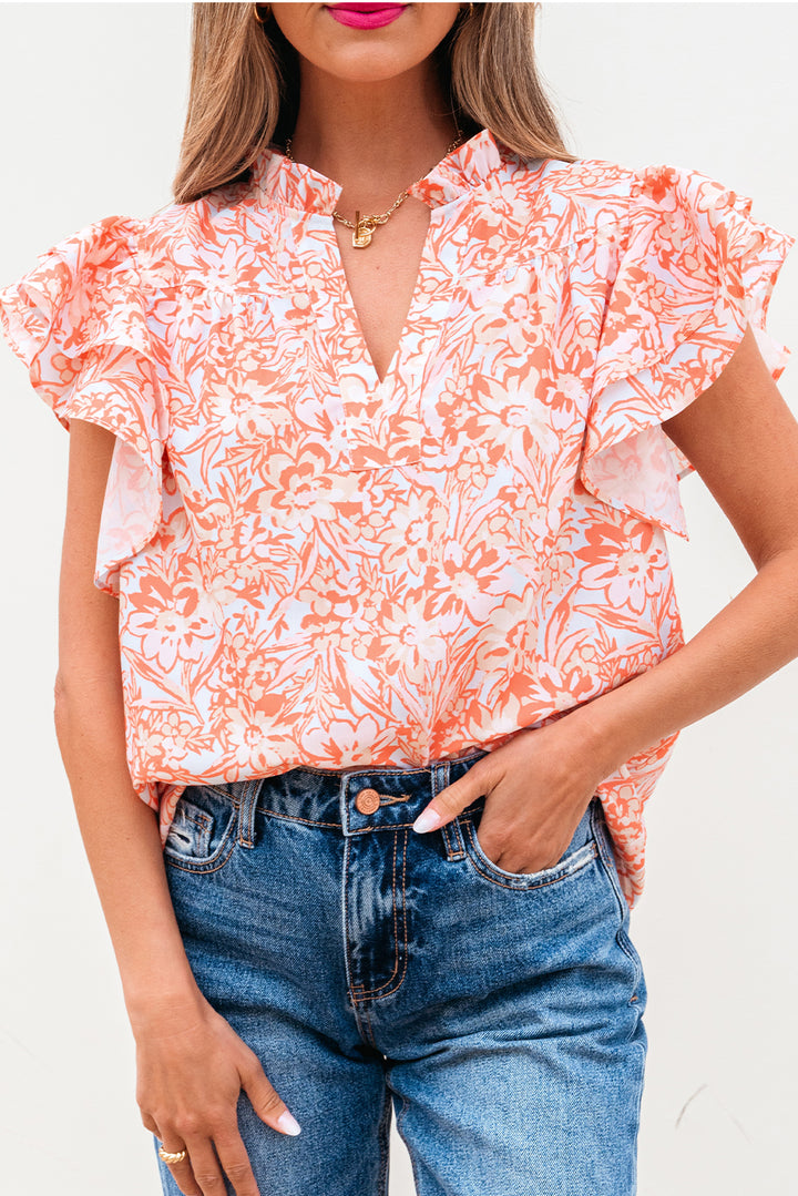 Floral Ruffle Sleeve Split Neck Blouse