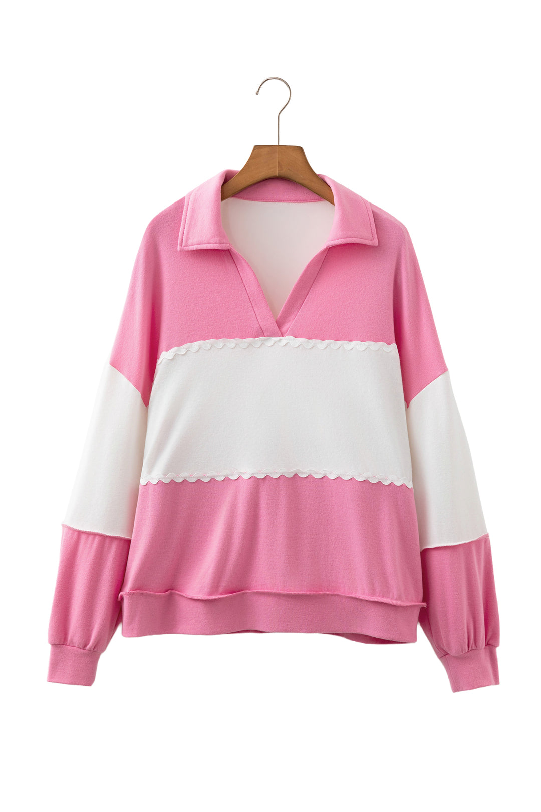 Rose Red Color Block Ricrac Trim Patchwork Collar V Neck Long Sleeve Top