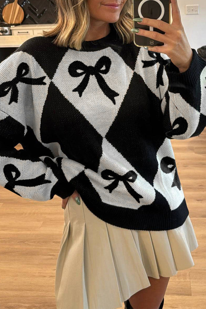 Bow Print 2-tone Rhombus Knit Loose Sweater