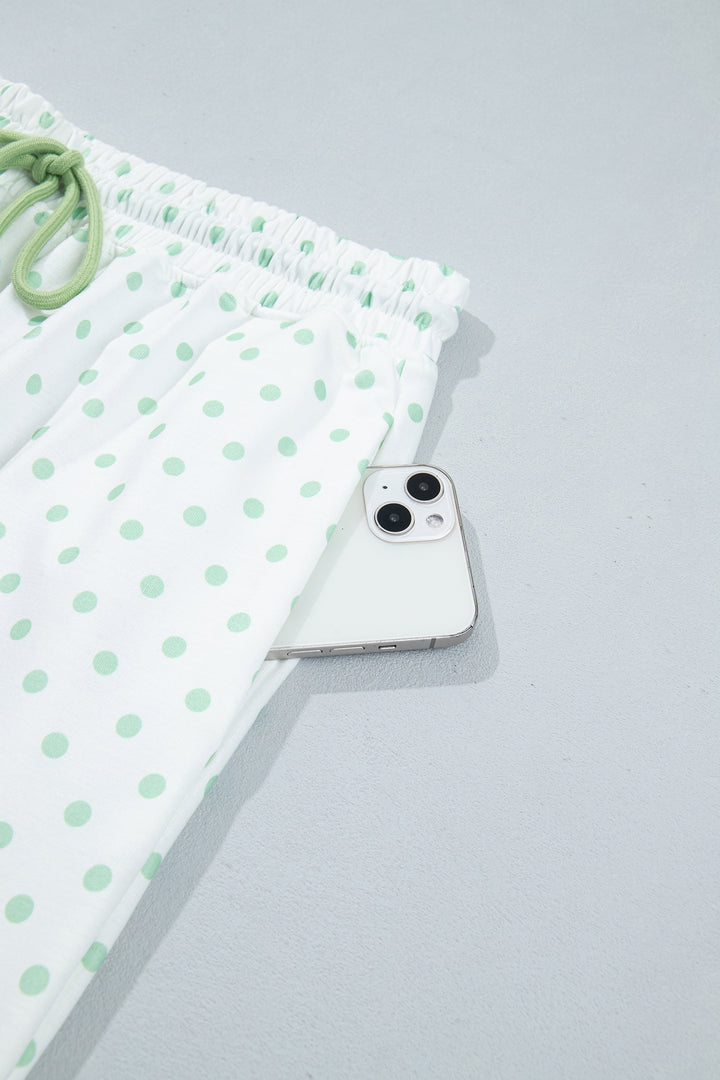 Green Polka Dot Patchwork Colorblock Long Sleeve Casual Two Piece Pants Set