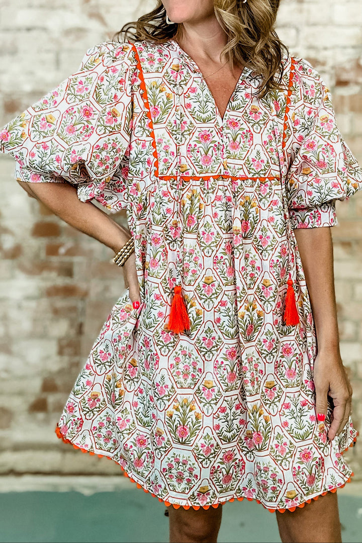 Pink Floral Print Tassel Tie V Neck Scalloped Detail Loose Mini Dress