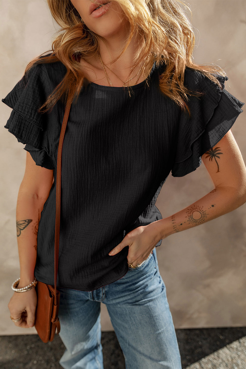 crinkled cotton gauze ruffle sleeve blouse