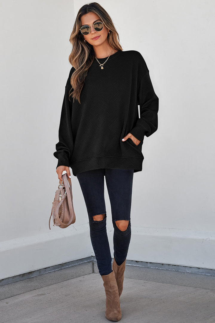 Black Solid Color Textured Round Neck Pullover Sweatshirt