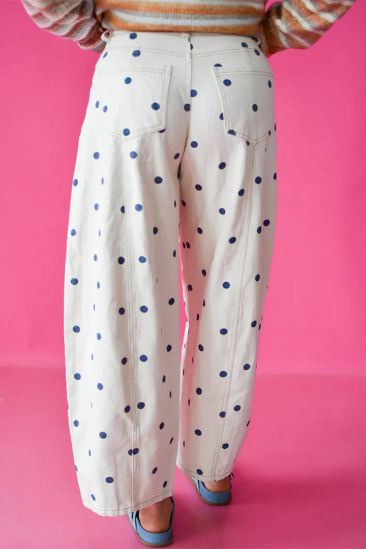 Blue Tailored Seam Polka Dot Print Barrel Casual Jeans