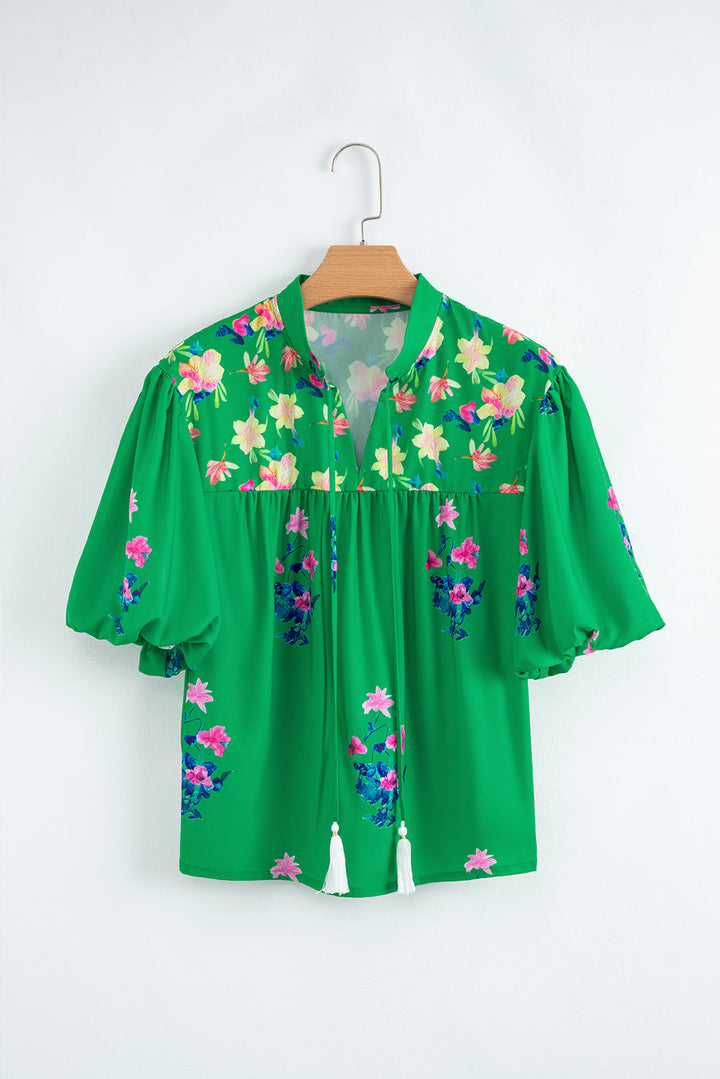 floral detail tie split neck short sleeve blouse