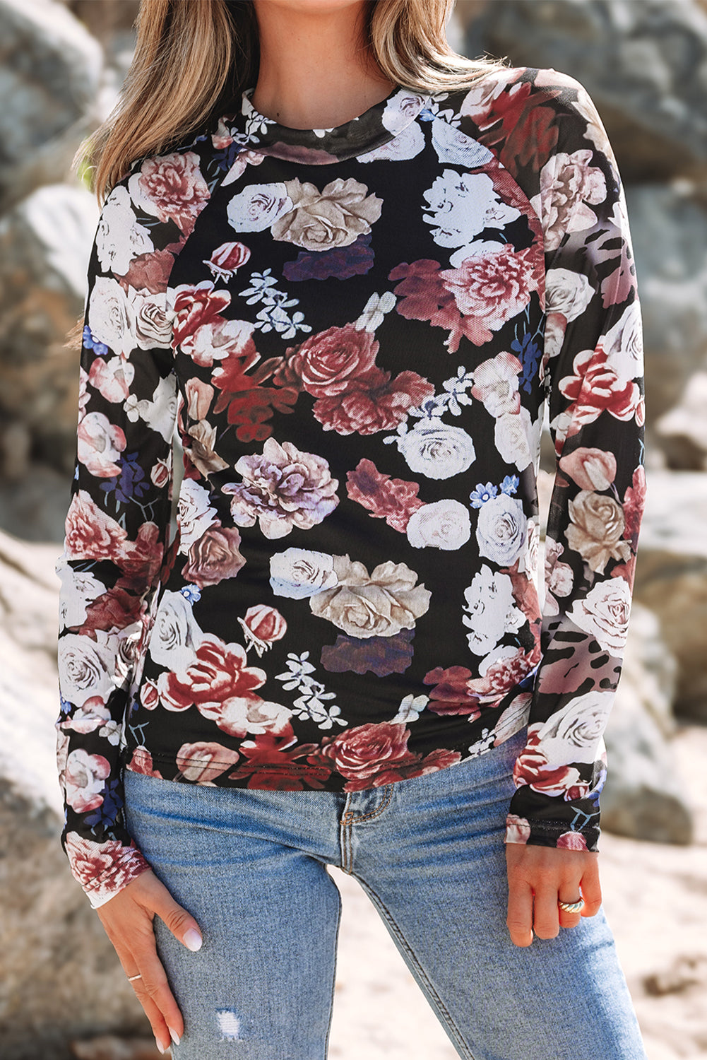 Mesh Floral Print Mock Neck Long Sleeve Slim Top