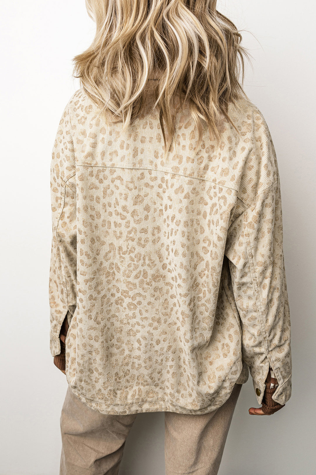 Khaki Leopard Print Corduroy Shirt Collar Long Sleeve Regular Fit Jacket