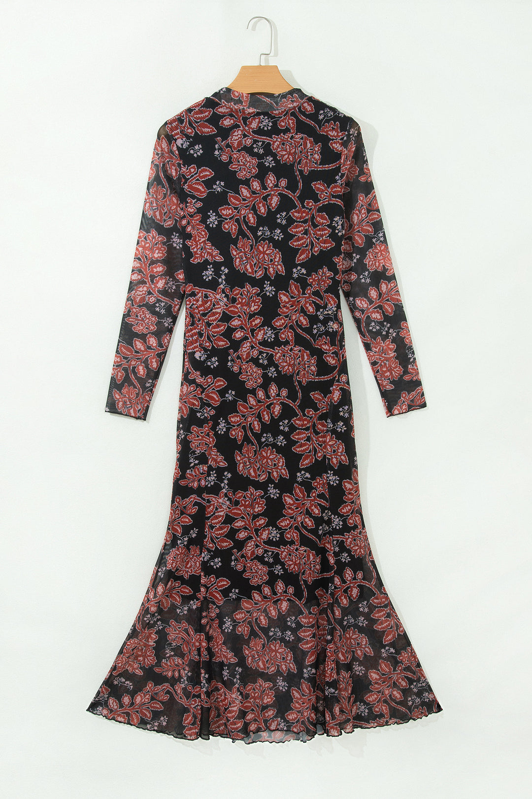 Black Retro Floral Print Long Sleeve Mesh Maxi Dress