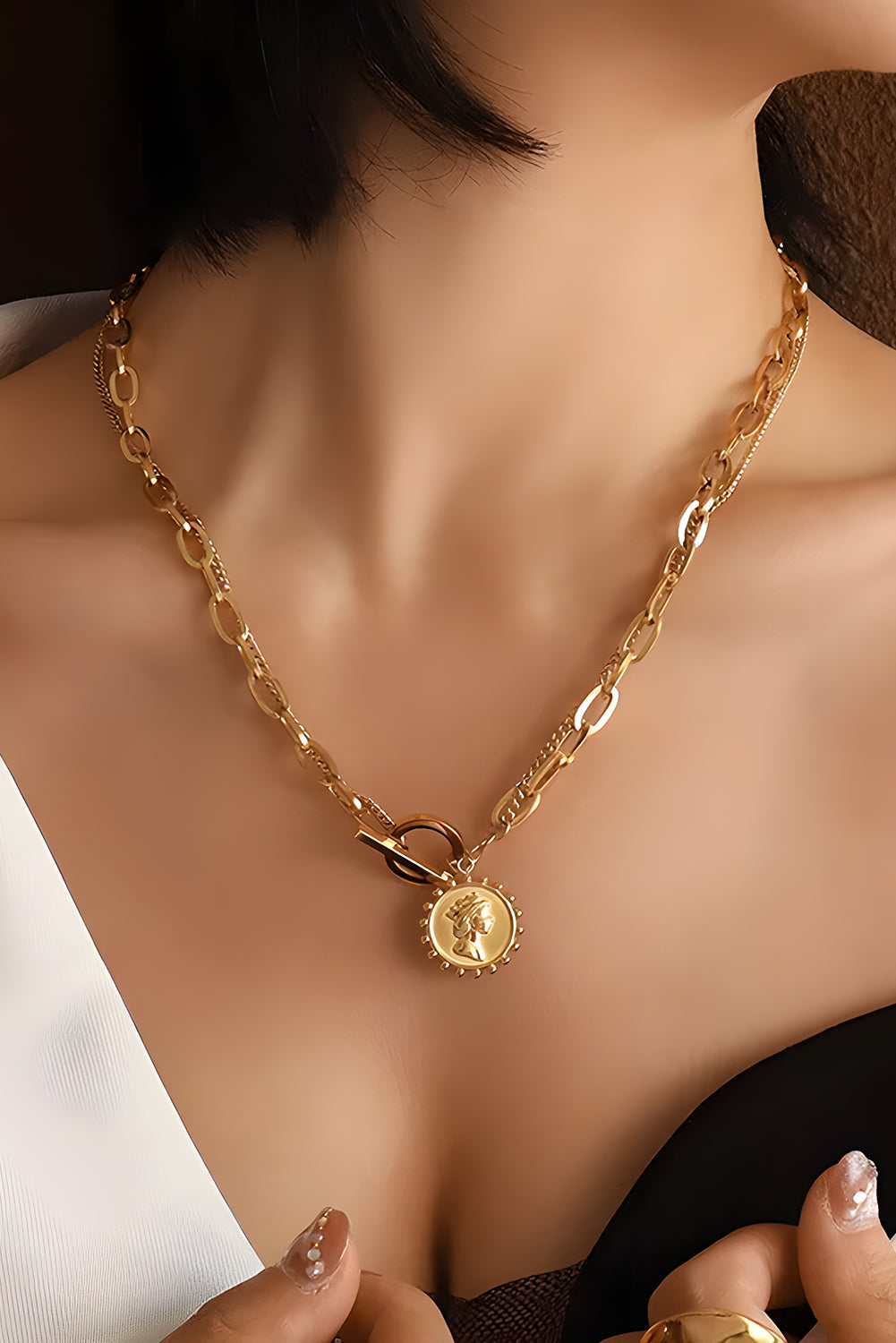 Plated Vintage Carved Coin Pendant Chain Necklace