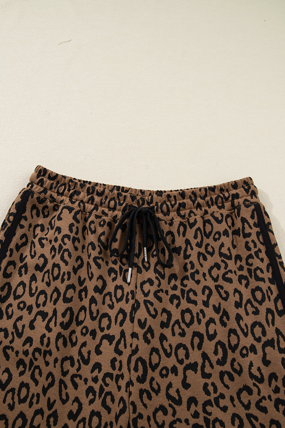 Brown Varsity Striped Trim Leopard Long Sleeve Top Drawstring Pant Set