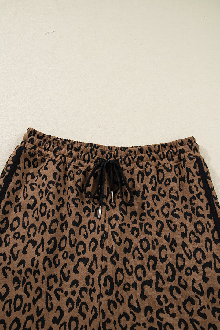 Brown Varsity Striped Trim Leopard Long Sleeve Top Drawstring Pant Set