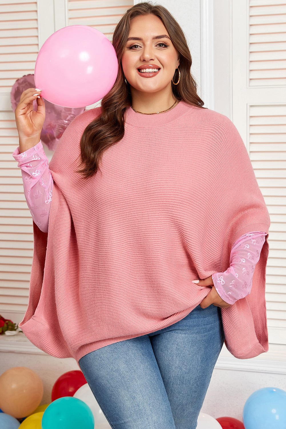 Light Pink Ribbed Knit Half Sleeve Plus Size Poncho Style Sweater