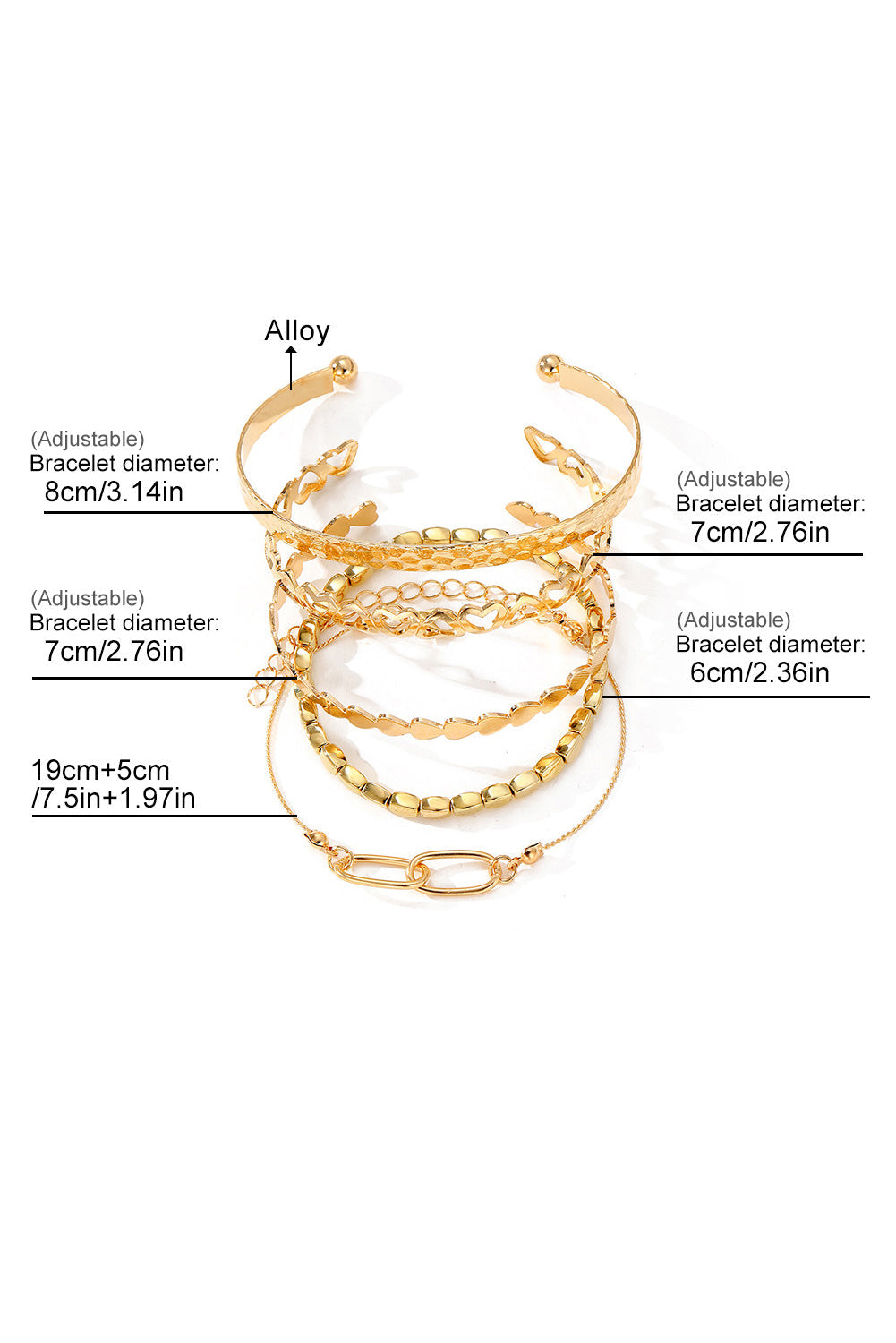 Ensemble de bracelets manchette ouverts multicouches plaqués cœur