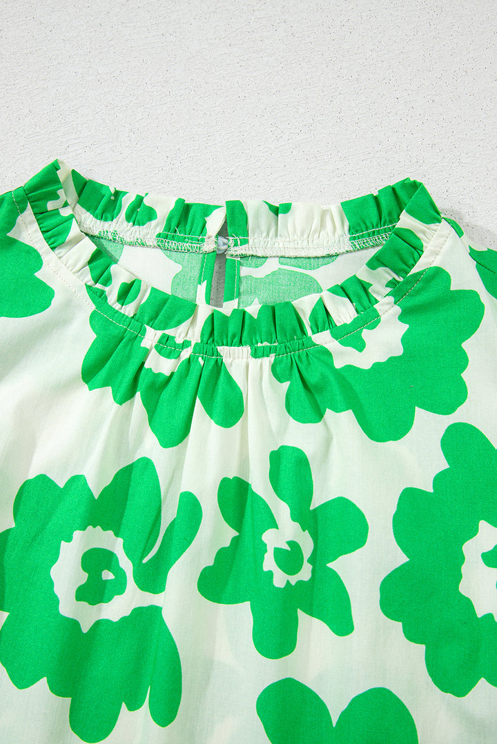 Contrast Embroidered Puff Short Sleeve Floral Blouse