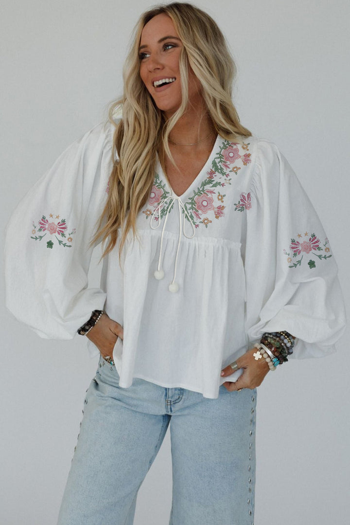Flower Print Lace-up V Neck Babydoll Blouse