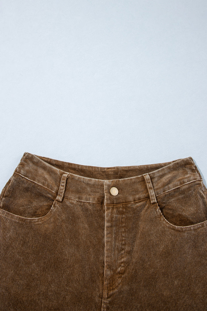 Camel Straight Leg Corduroy Metal Button Zip-up Pants