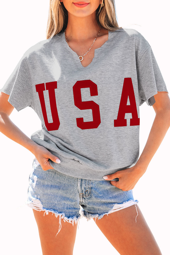 USA Lettering Patch Notched Neck Loose Tee
