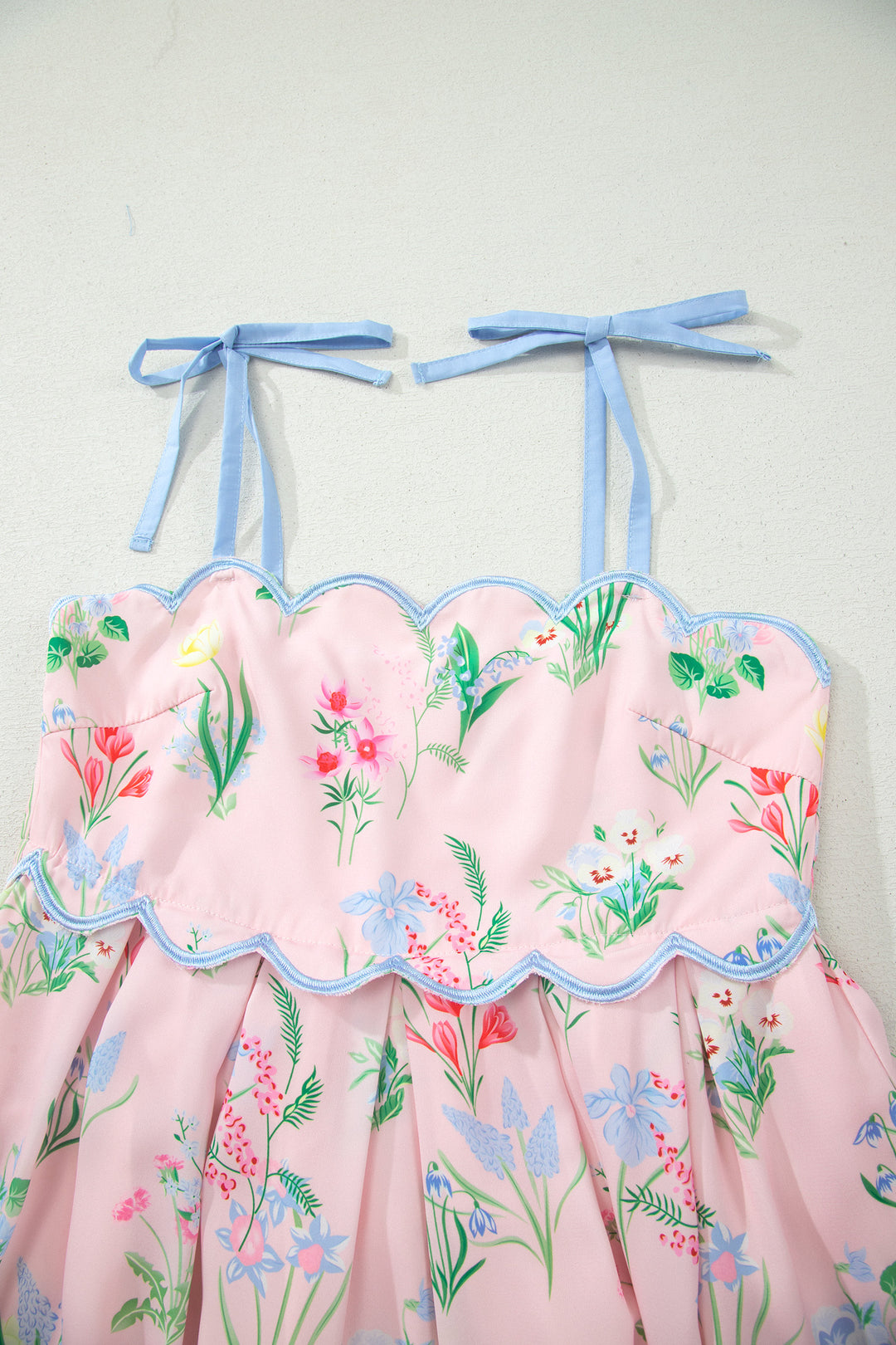 Pink Floral Print Contrast Trim Self-tie Straps High Waist Midi Dress