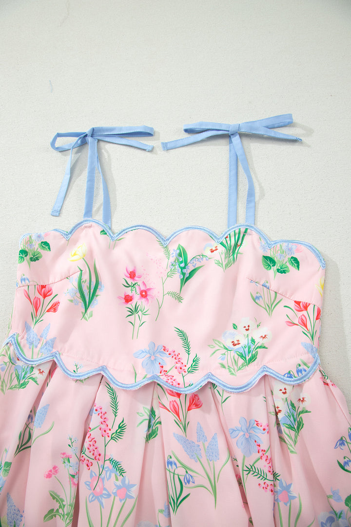 Pink Floral Print Contrast Trim Self-tie Straps High Waist Midi Dress