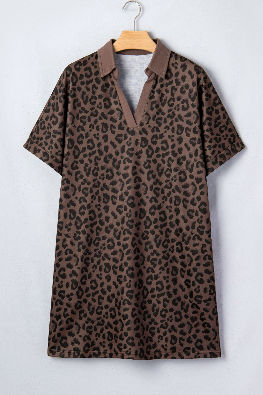 Brown Leopard Print Contrast Collar V-Neck Casual Mini Dress