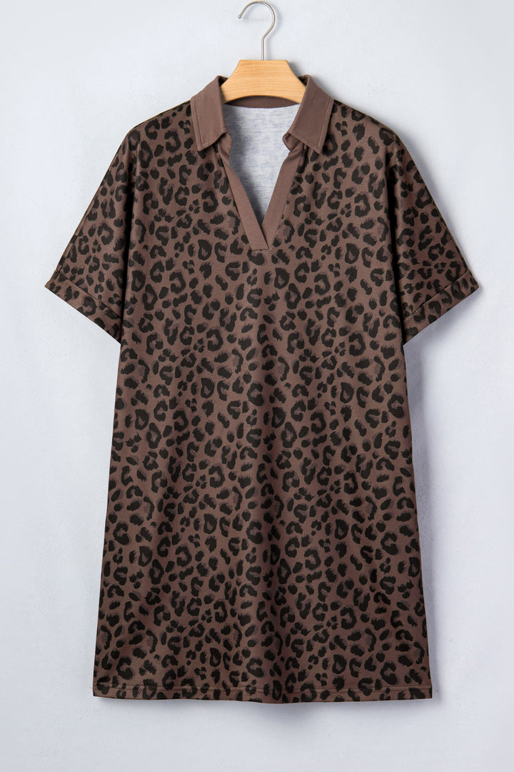 Brown Leopard Print Contrast Collar V-Neck Casual Mini Dress