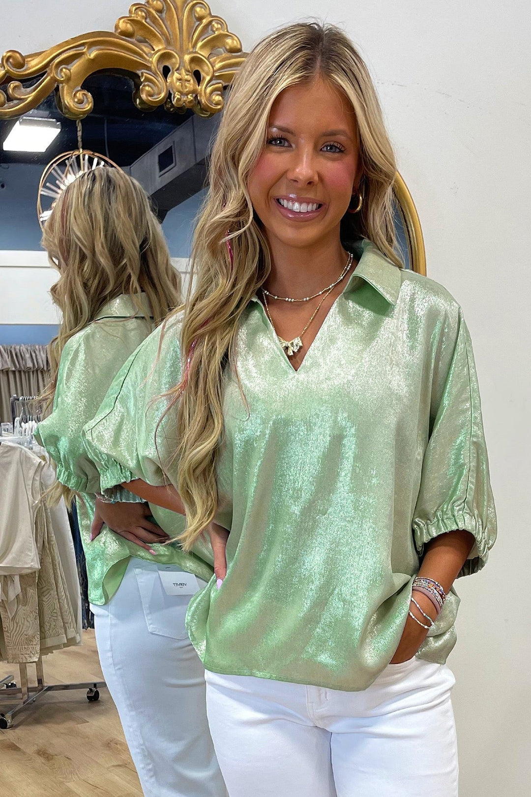 Clearly Aqua Collared V Neck Half Sleeve Metallic Top