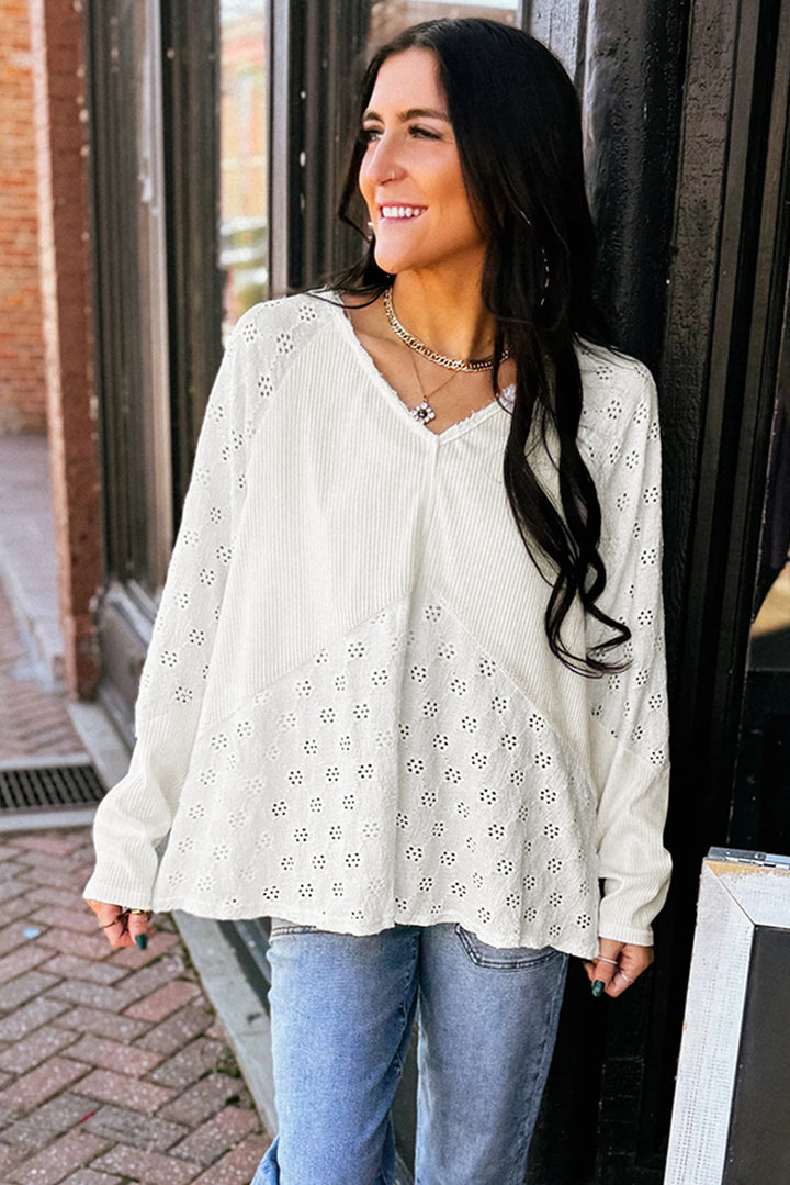 Twisted Rib Patchwork Embroidered Loose V Neck Long Sleeve Top