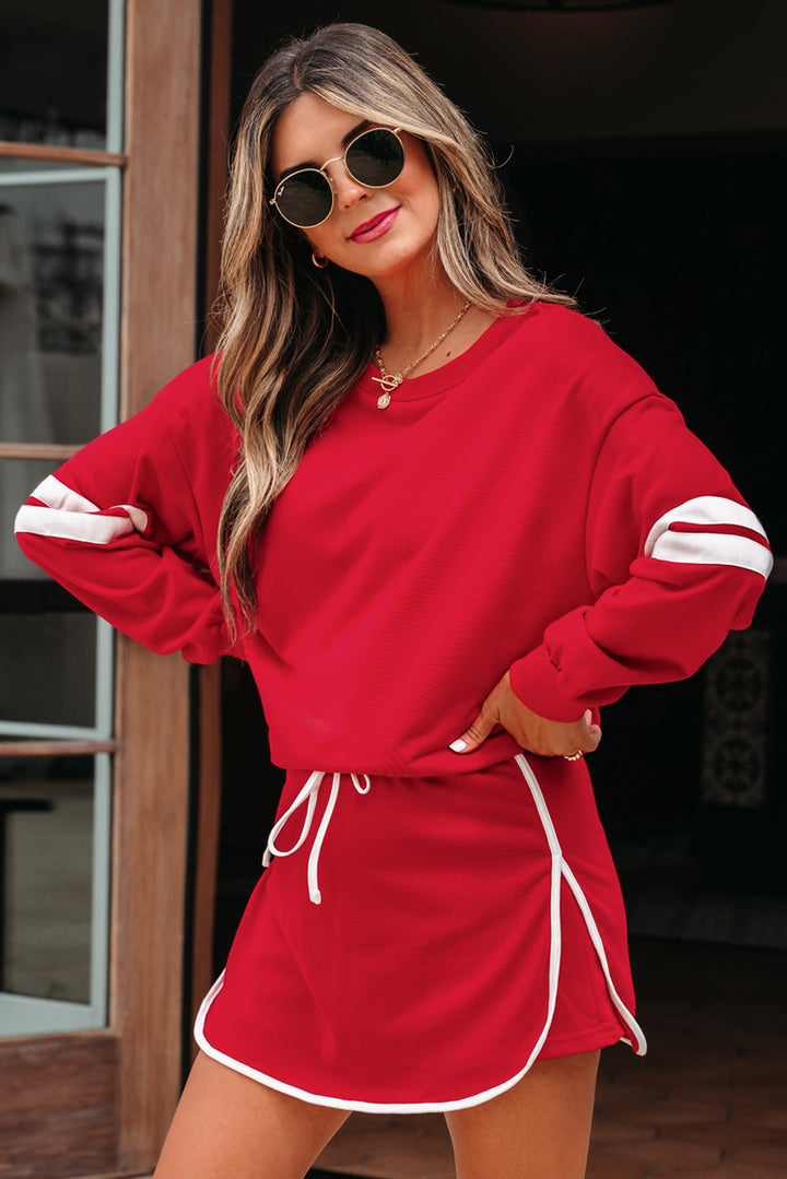 Fiery Red Varsity Stripe Detail Pullover Mini Skort Set