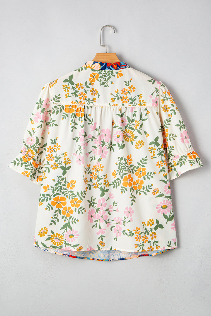 Multicolour Plus Size Floral Print Woven V Neck Half Sleeve Blouse