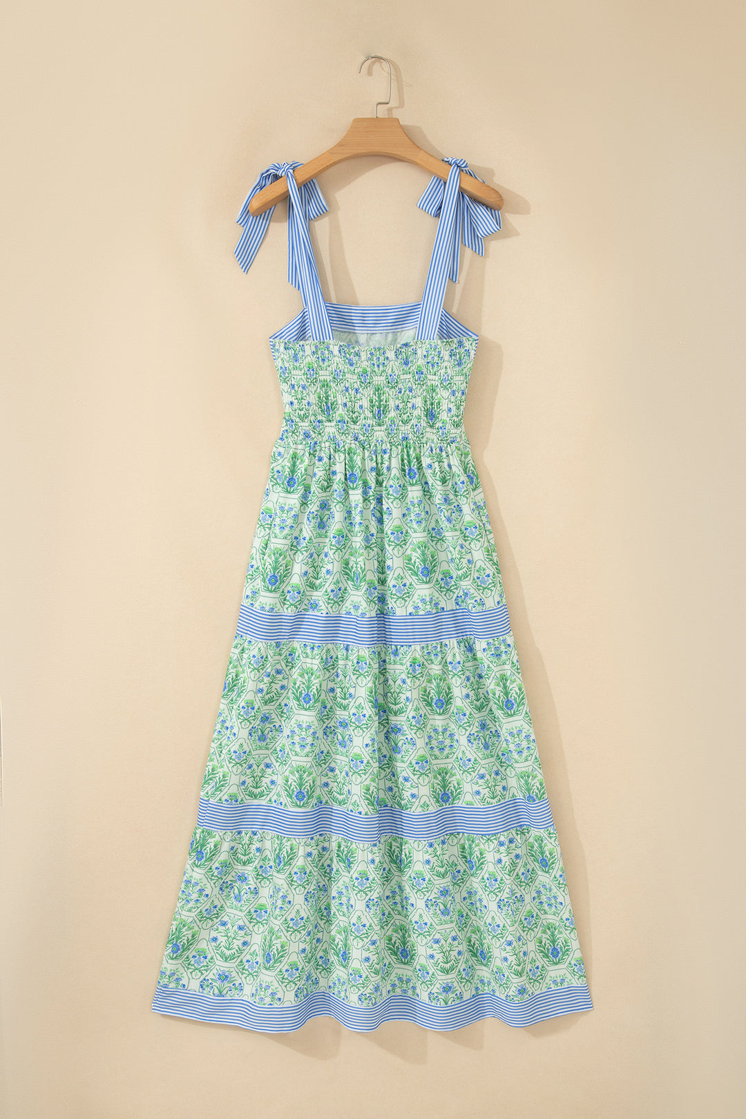 Green Geometric Floral Print Striped Sleeveless Dress（Runs Small ）