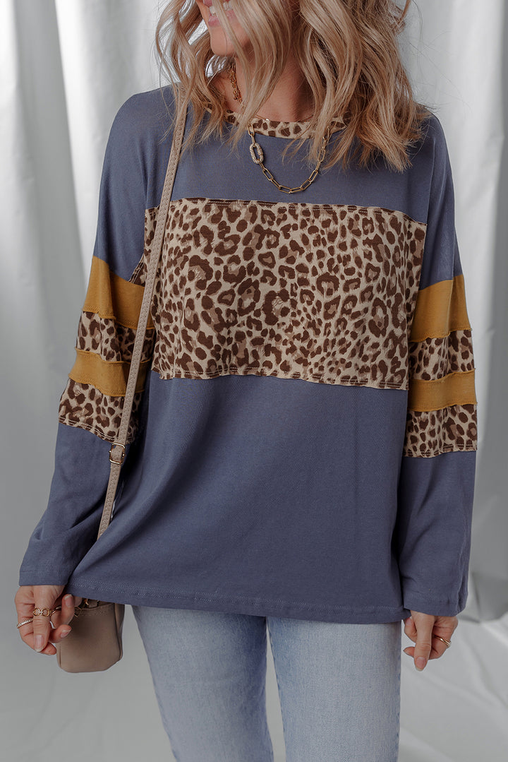 Leopard Colorblock Patchwork Long Sleeve 100%Cotton Top