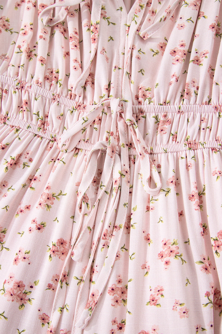 Front Tie Shirred Waist Short Sleeve Ruffled Floral Mini Dress