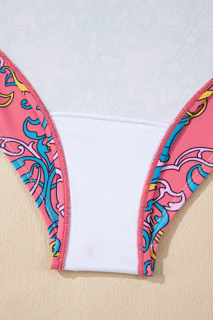 geometric print hollow out knotted waist one piece swimsuit