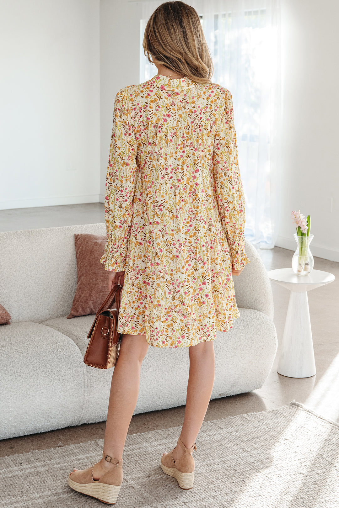 Floral Print Frilly Trim Smocked Cuff Long Sleeve Loose Shirt Dress
