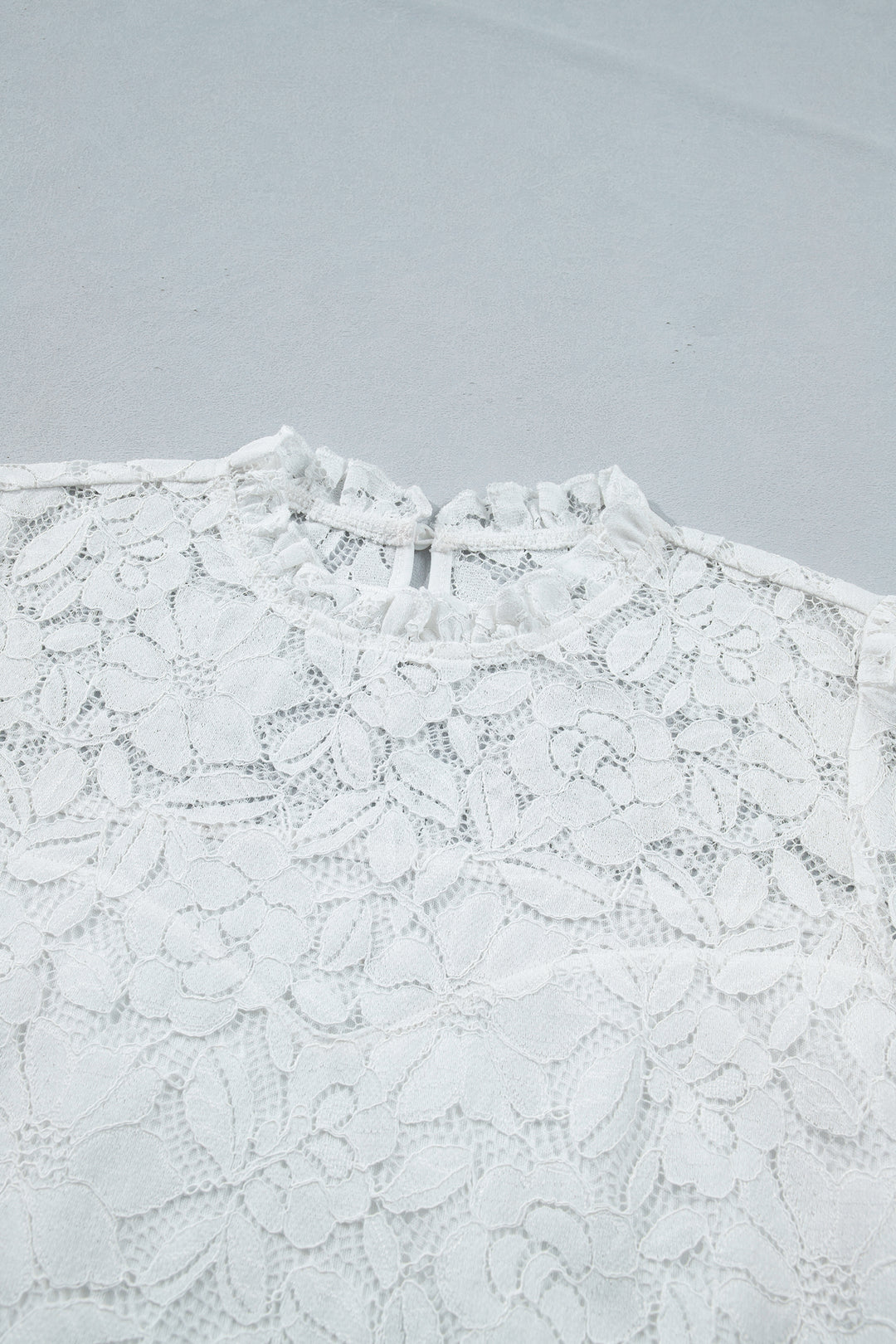 White Ruffled Round Neck Long Flounce Sleeve Sheer Lace Blouse