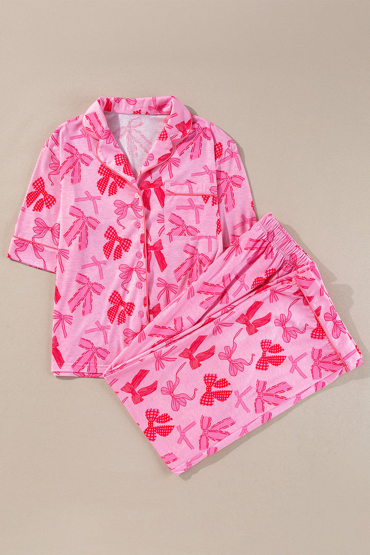 bow knot print lapel collar short sleeve and pants pajamas set